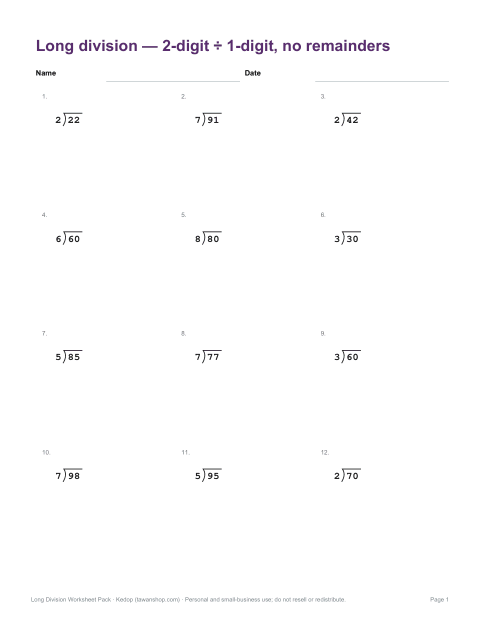 Preview of the first page of Level 1: 2-digit ÷ 1-digit, no remainders (PDF)