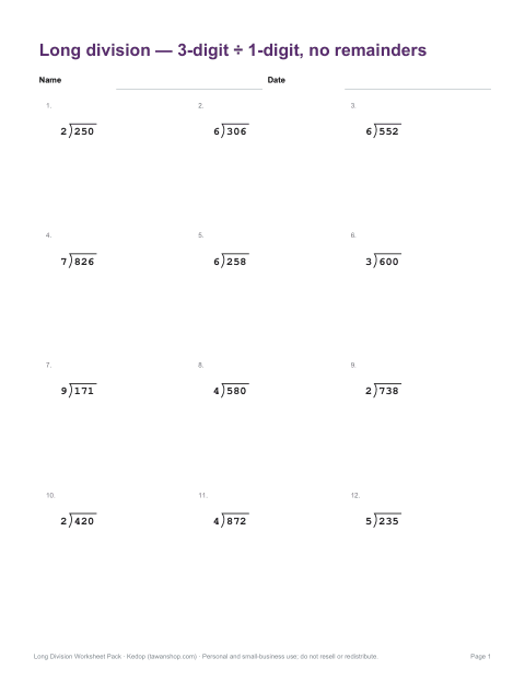Preview of the first page of Level 2: 3-digit ÷ 1-digit, no remainders (PDF)