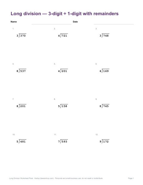 Preview of the first page of Level 3: 3-digit ÷ 1-digit with remainders (PDF)