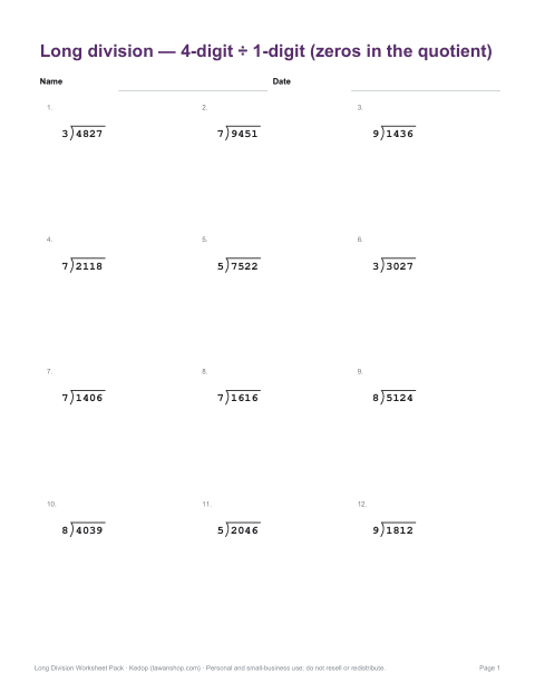 Preview of the first page of Level 4: 4-digit ÷ 1-digit (zeros in the quotient) (PDF)